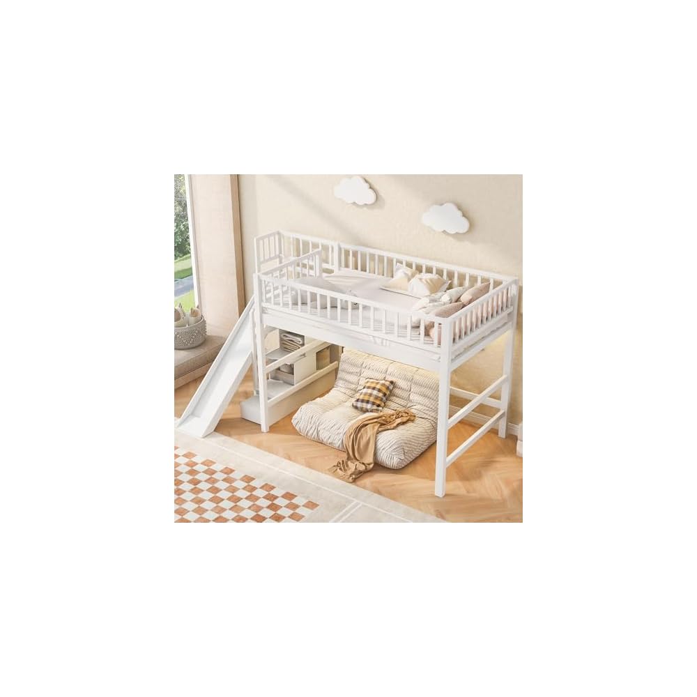 Full Size Loft Bed with Storage Staircase, Slide & LED Light, Wooden Bunk Bed for Bedroom with Built-in Shelves, White