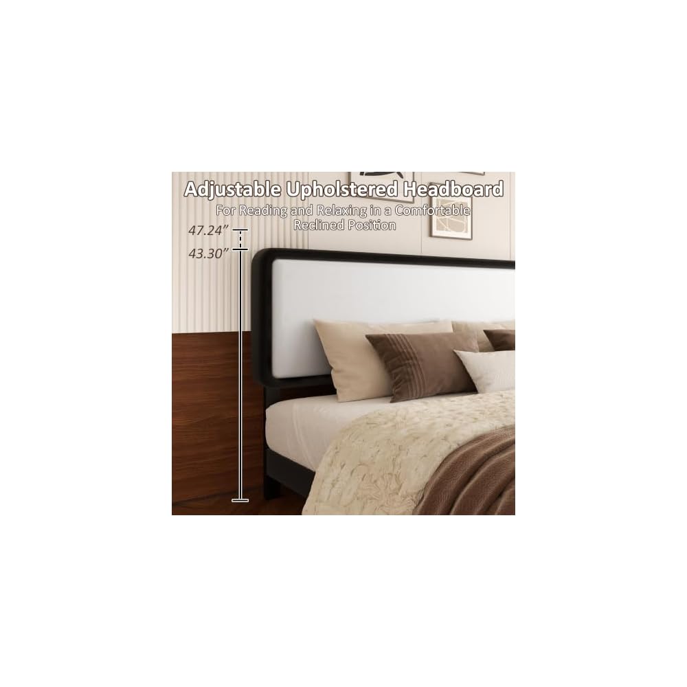 Full Size Bed Frame with Headboard, Color-Blocking Leather Platform Bed, Adjustable Upholstered Headboard, No Box Spring Required, Low Noise, Easy to Assemble, White