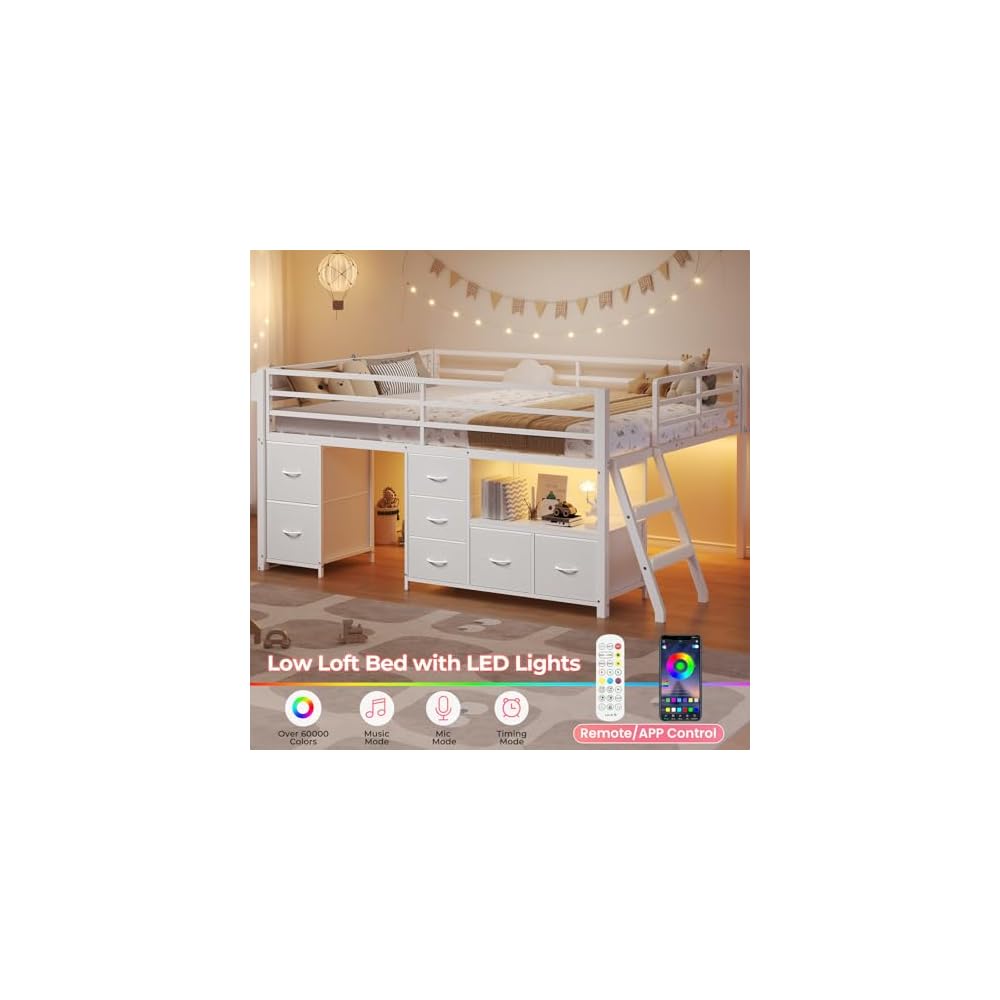 Kids Low Loft Bed Full with 7 Drawers, Bookcase, Safety Guardrail