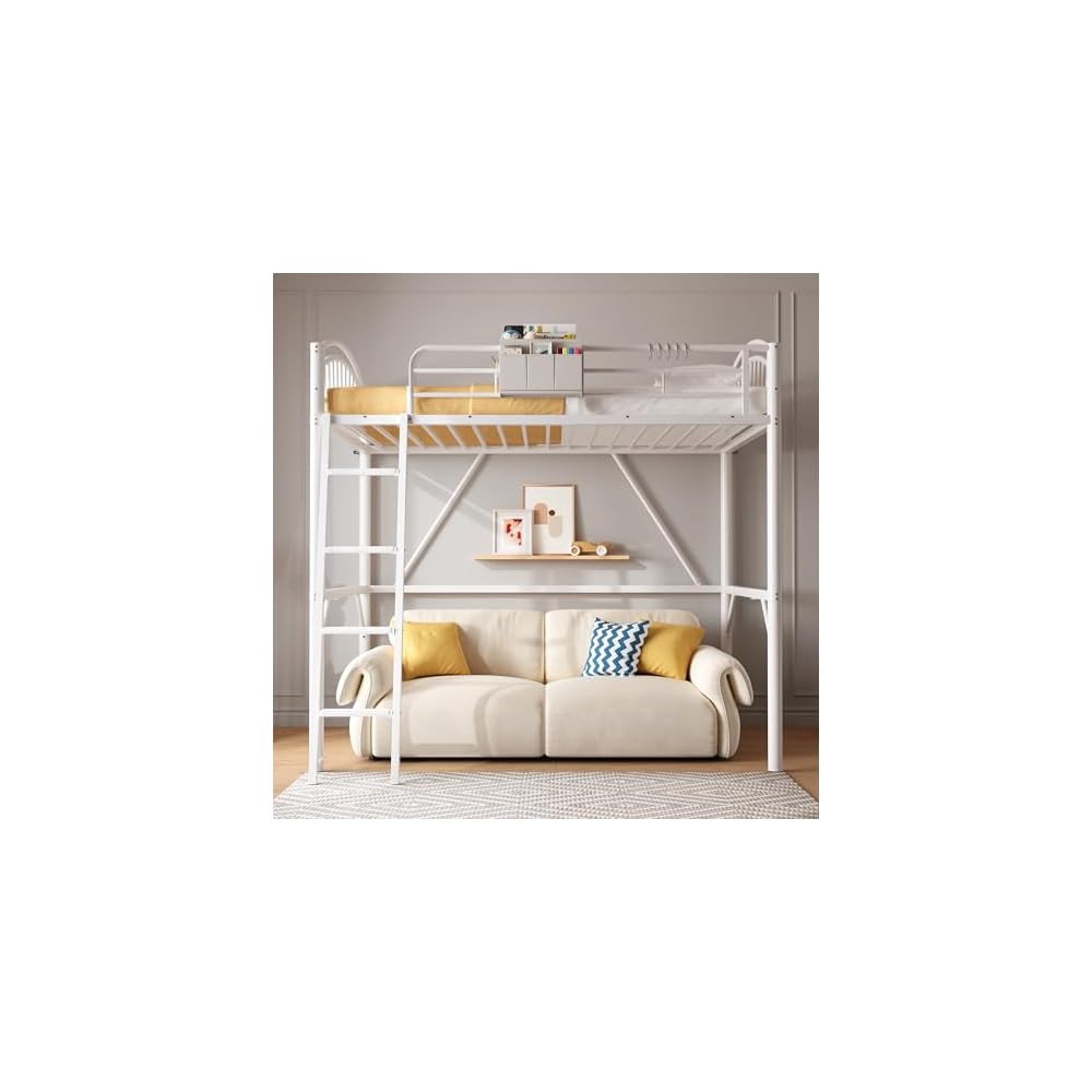 Loft Bed White Twin with Storage Bag, Metal Twin Size Loft Beds for Kids with Convertible Ladder, Safety Guard Rails and Anti-tip Nails for Teenager，Girls or Boys (White)
