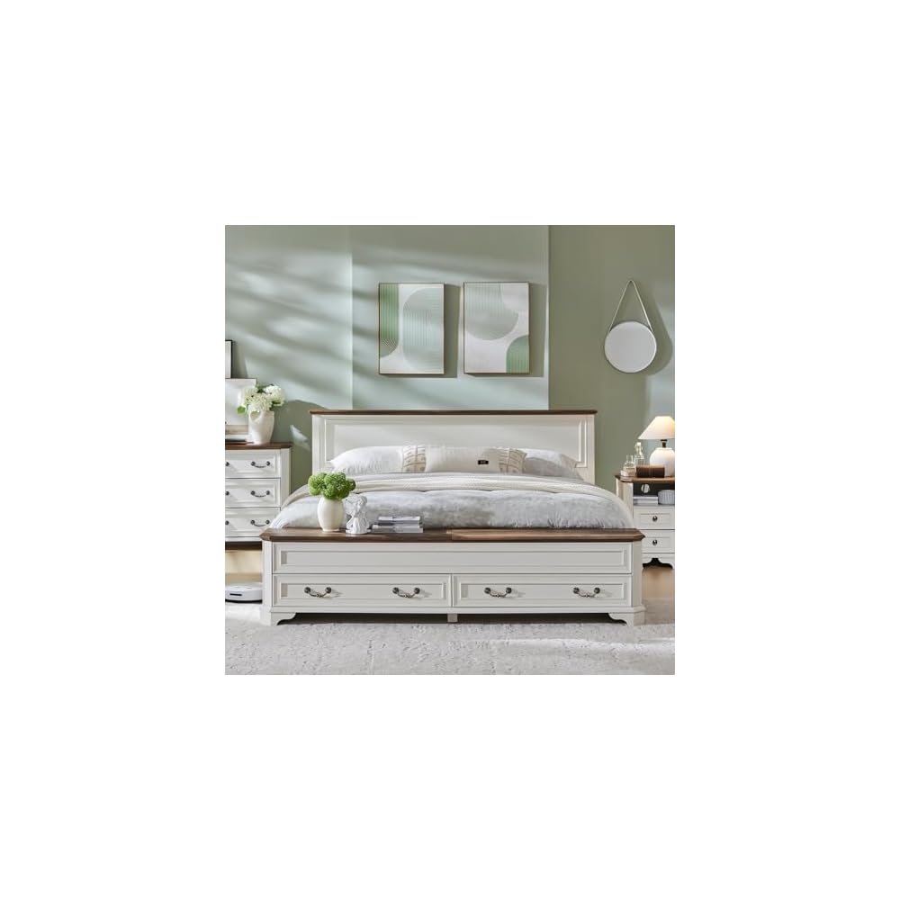 Farmhouse King Bed with Headboard and Storage Bench, Antique White