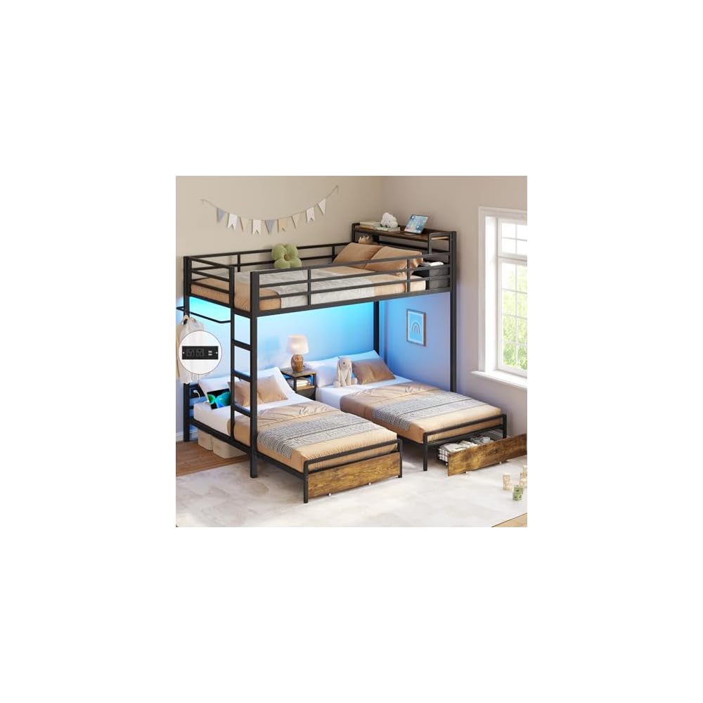 Triple Bunk Bed for Kids with Storage Drawers and Charging Station Twin Over Twin Metal Bunk Bed with Storage Shelves and Box,3 Beds with Guardrails and Ladder, No Box Spring Needed, Black