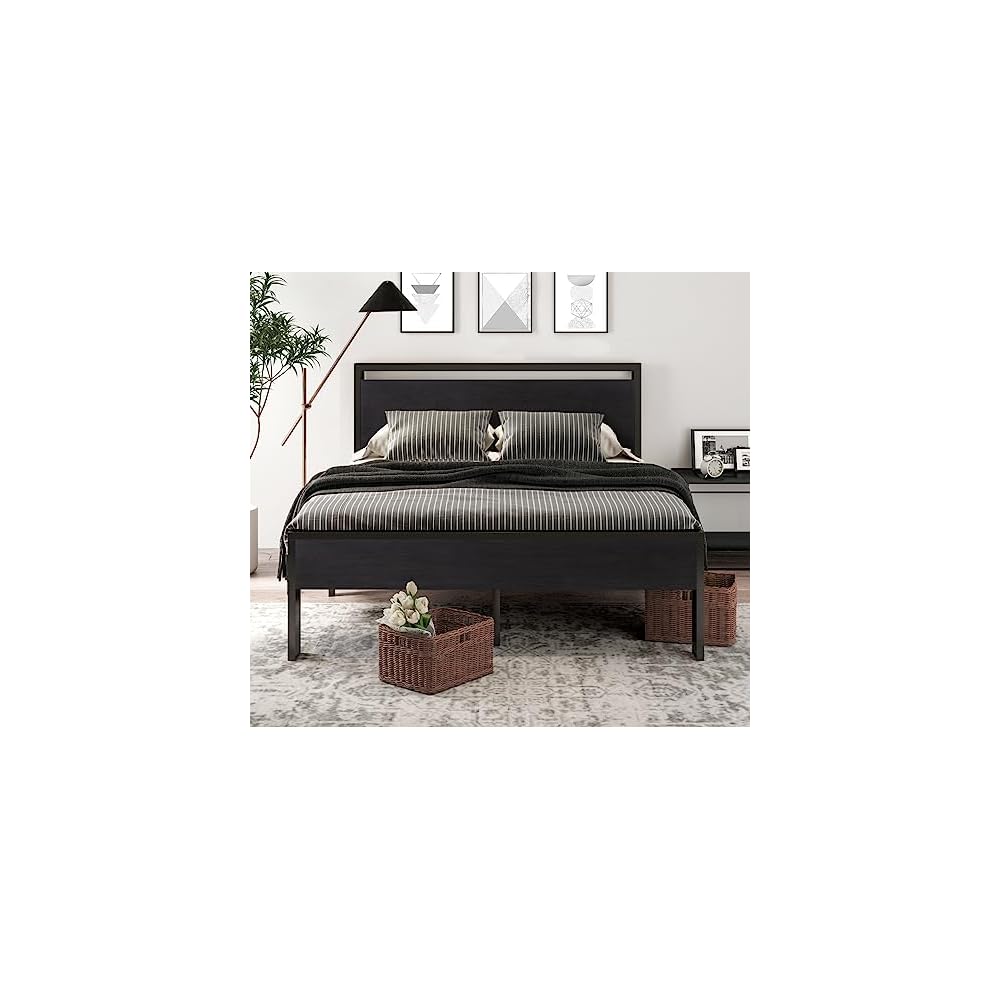 14 Inch Queen Size Metal Platform Bed Frame with Wooden Headboard and Footboard, Mattress Foundation, No Box Spring Needed, Large Under Bed Storage, Non-Slip Without Noise, Walnut