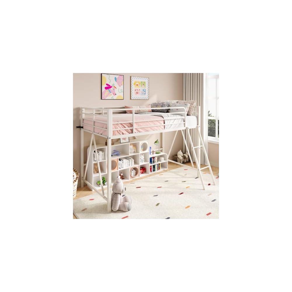 Twin Size Metal Low Loft Bed, CPC Safety Certified, White