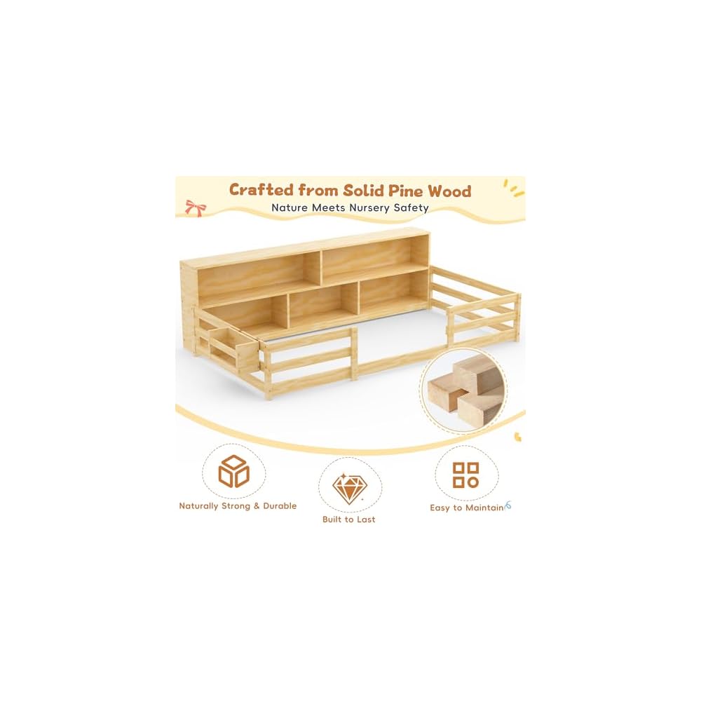 Twin Floor Bed for Kids, Wooden Montessori Bed Frame with Bookcase, Bedside Storage Shelves & Guardrails, Versatile 2-in-1 Floor Bed for Boys Girls, Natural