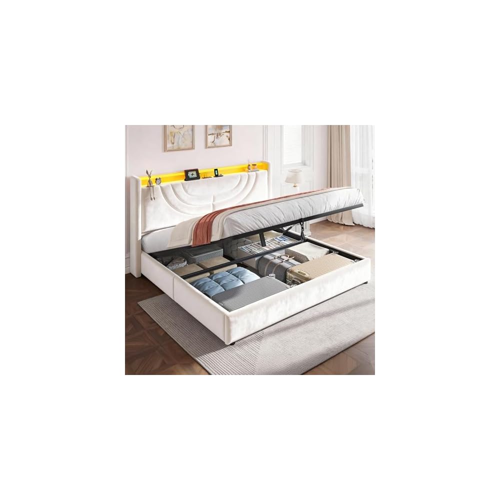 Queen Velvet Lift Up Storage Bed Frame with Charging & LED, Beige