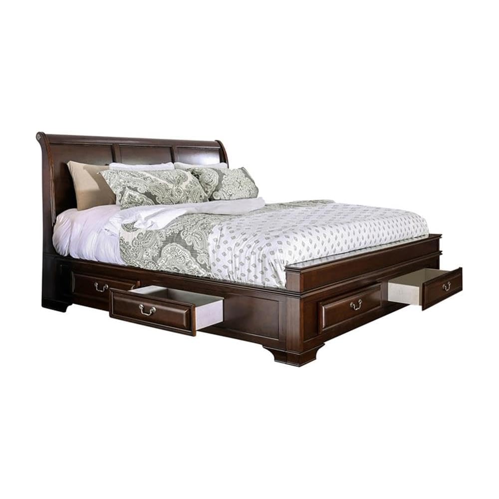 Transitional Wood Queen Storage Platform Bed, Brown Cherry Finish, 91.75" L x 64.75" W x 54" H, 6 Drawers, Arched Panel Headboard, Solid Wood Frame, Durable MDF Slats, Bedroom Furniture