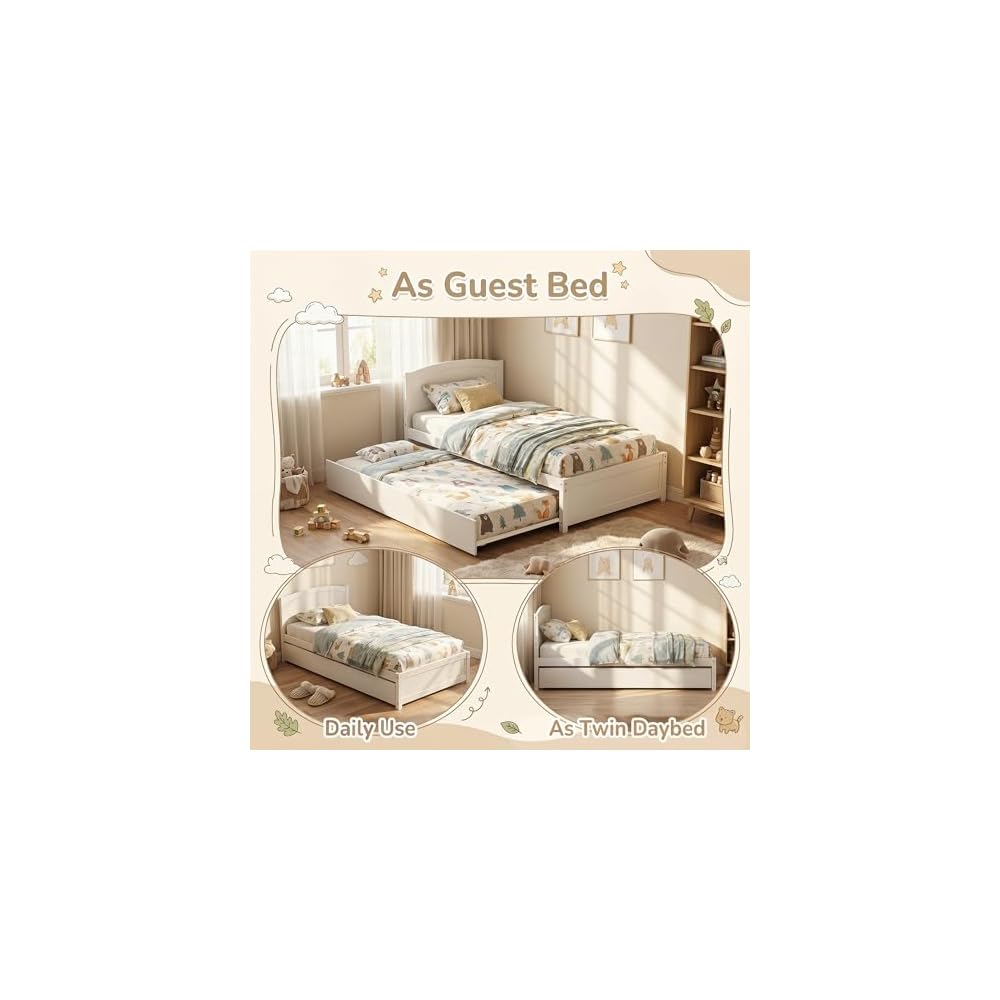 Twin Bed with Trundle, Solid Wood Twin Size Bed Frame, Pull Out Trundle Bed with Headboard and Footboard, Extendable Wooden Slats Platform Bed for Kids Teens Adults, White