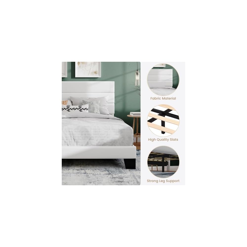 Full Platform Bed Frame with Upholstered Velvet Headboard, White