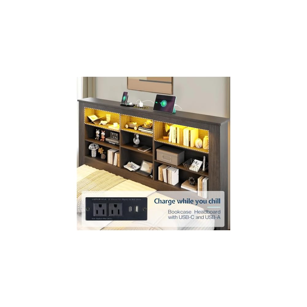 Twin Bed Frame Bookcase Headboard USB/LED Lights&3 Drawers, Black