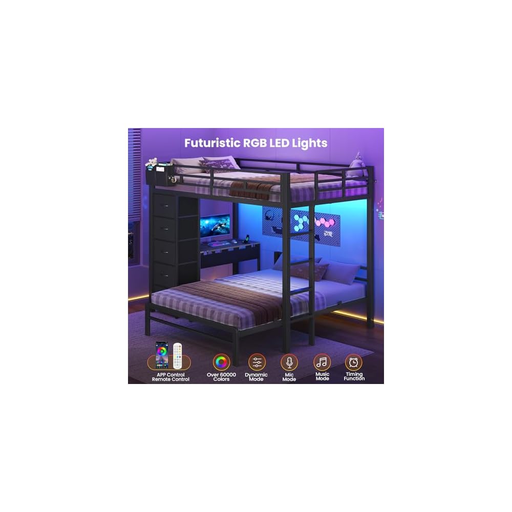 Full Size Bunk Bed with Desk, 5 Drawers, Charging Station, Black