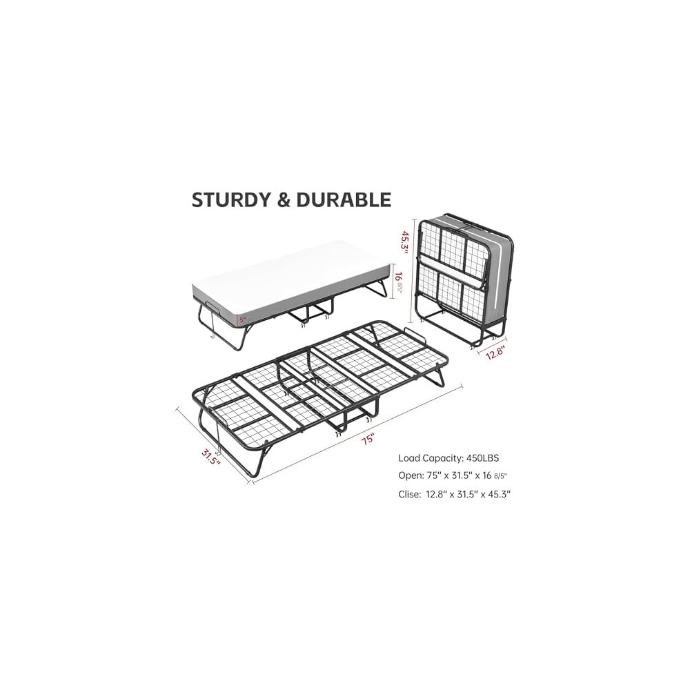 Folding Bed with Mattress, Roll Away Beds with Mattress for Adults, Single Cot Foldable Rollaway Beds, 75" x 31.5" Portable Bed for Easy Storage, Strong Frame for Guest Room