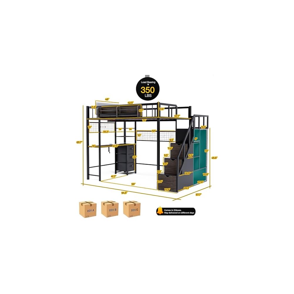 Loft Bed with Desk and Stairs, Headboard, Outlet (Black, Full)