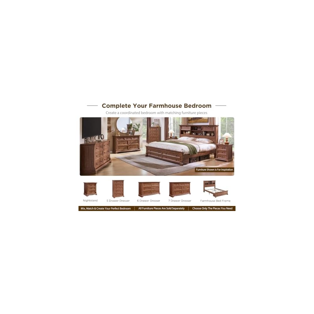 Farmhouse King Size Bed Frame with 54" Tall Headboard, Charging Station