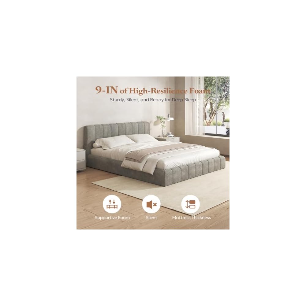 Full Cloud Bed Frame, Boneless Cushioned Foam Bed with Plush Fabric