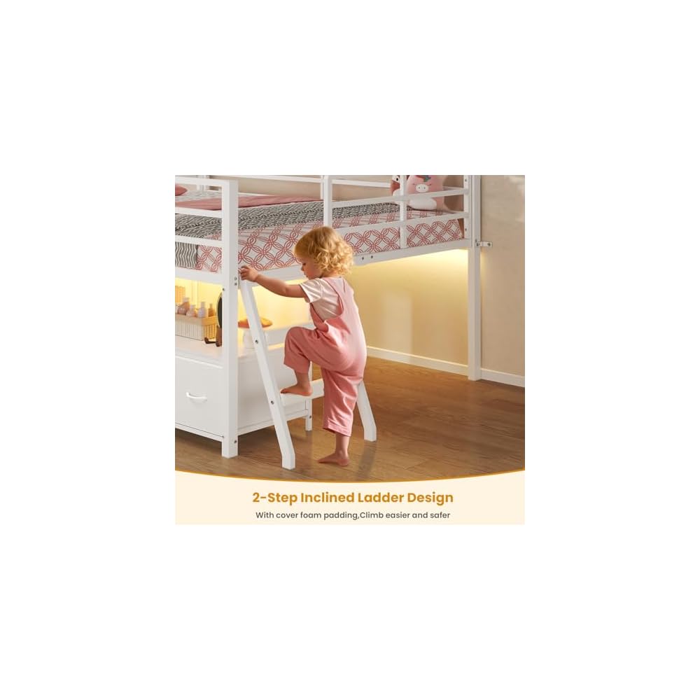 Kids Low Loft Bed Full with 7 Drawers, Bookcase, Safety Guardrail