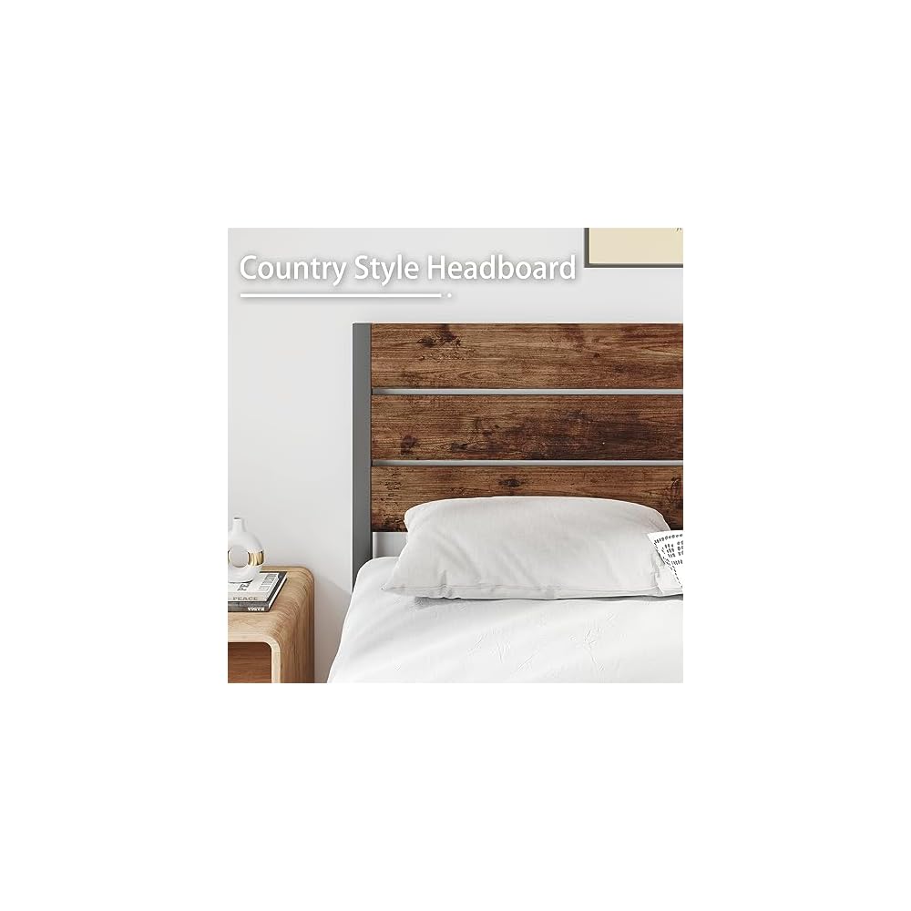 Twin Bed Frame with Headboard and Footboard, Metal Twin Bed Frame with Under Bed Storage, All-Metal Support System, No Box Spring Needed, Easy Assembly,Rustic Brown