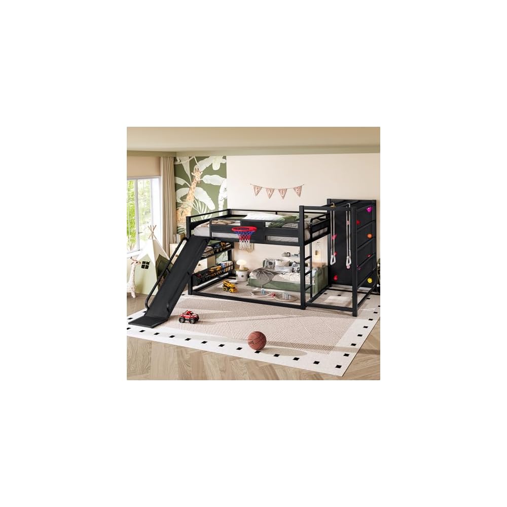 Full Size Bunk Bed with Basketball Hoop, Pull-up Rings, Climbing Wall,Black