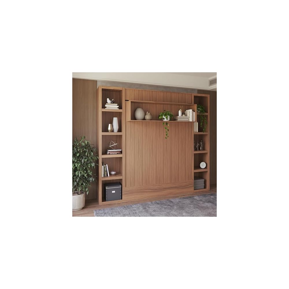 Easy-Lift Queen Murphy Wall Bed in Brown Wood Grain with Two Bookshelves