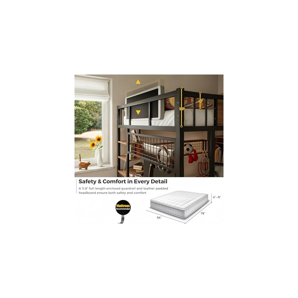 Loft Bed with Desk and Stairs, Headboard, Outlet (Black, Full)