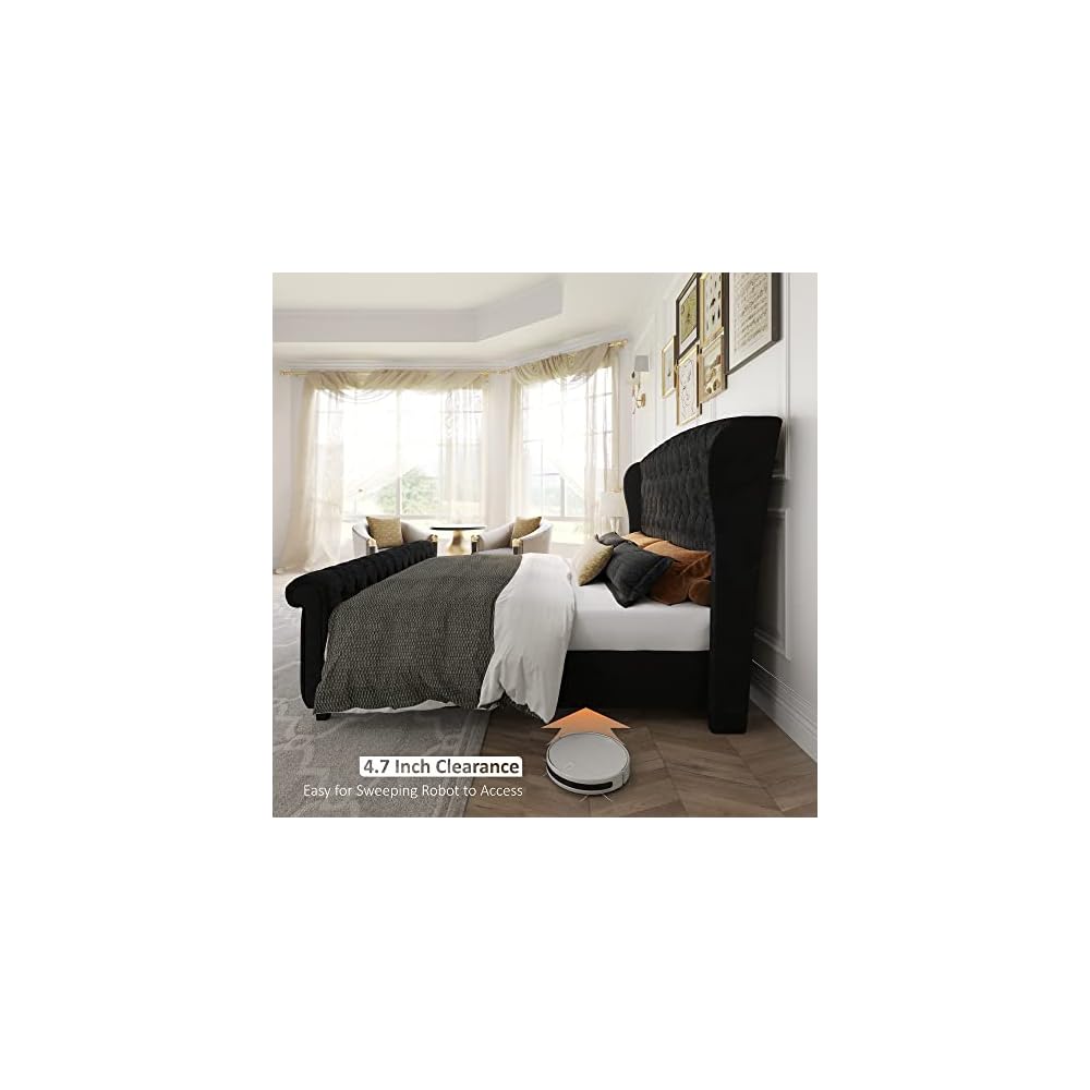 Queen Size Upholstered Sleigh Bed Frame with Wingback Headboard