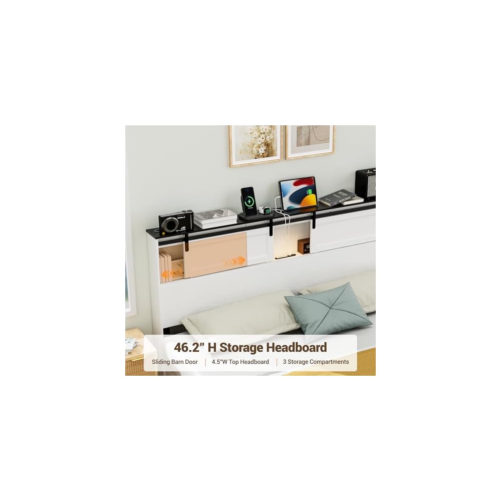 Farmhouse Platform Bed Frame with Storage Headboard and Dual USB Ports