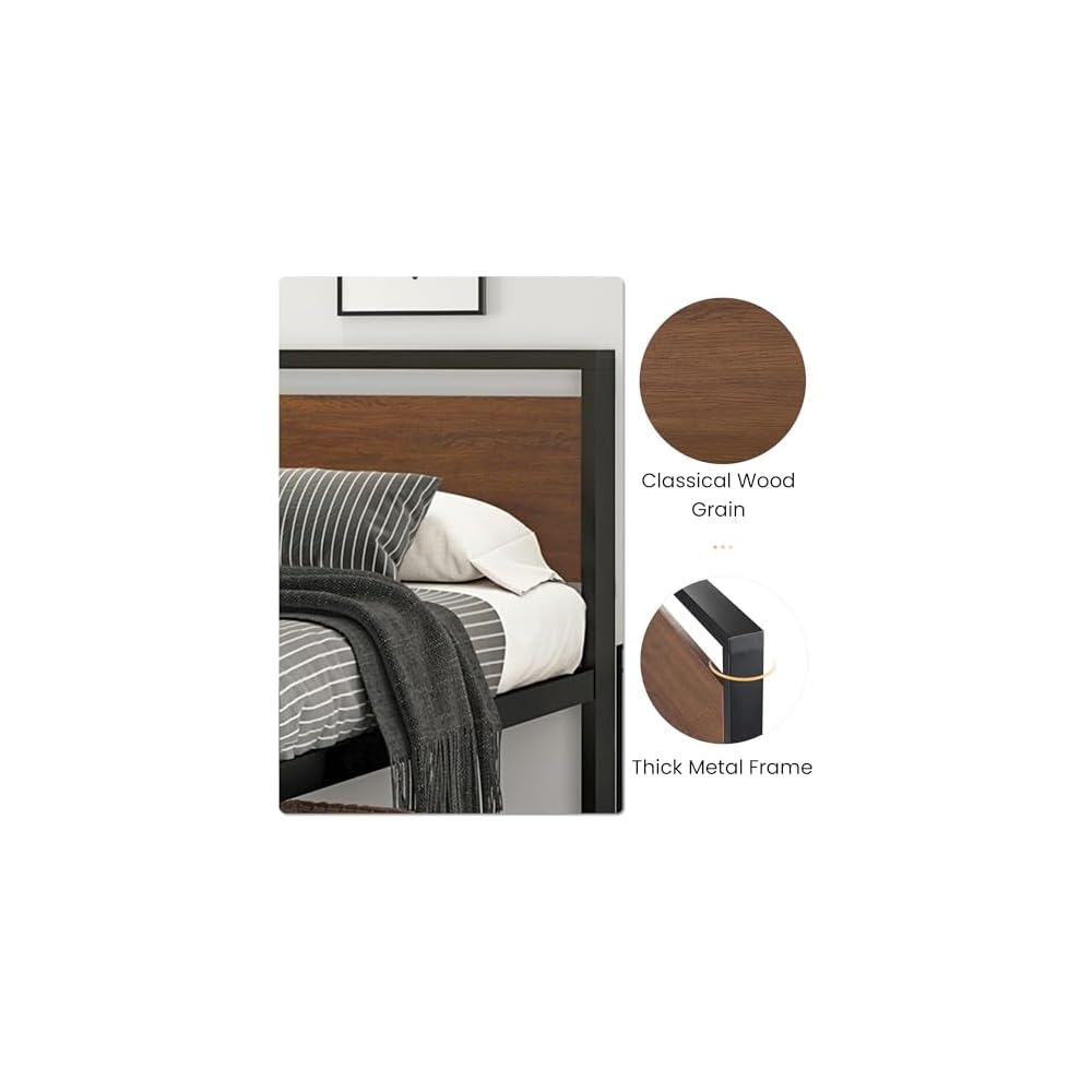 14 Inch Full Size Metal Platform Bed Frame with Wooden Headboard and Footboard, Mattress Foundation, No Box Spring Needed, Large Under Bed Storage, Non-Slip Without Noise, Walnut