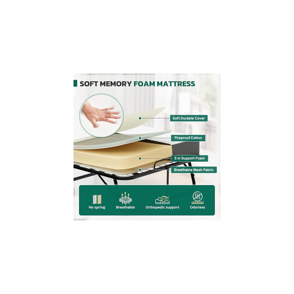 Folding Bed with 5 Inch Mattress, 75” x 38” Portable Rollaway Bed with Memory Mattress and Metal Frame for Adults,Guest, Twin Size,Cot Size