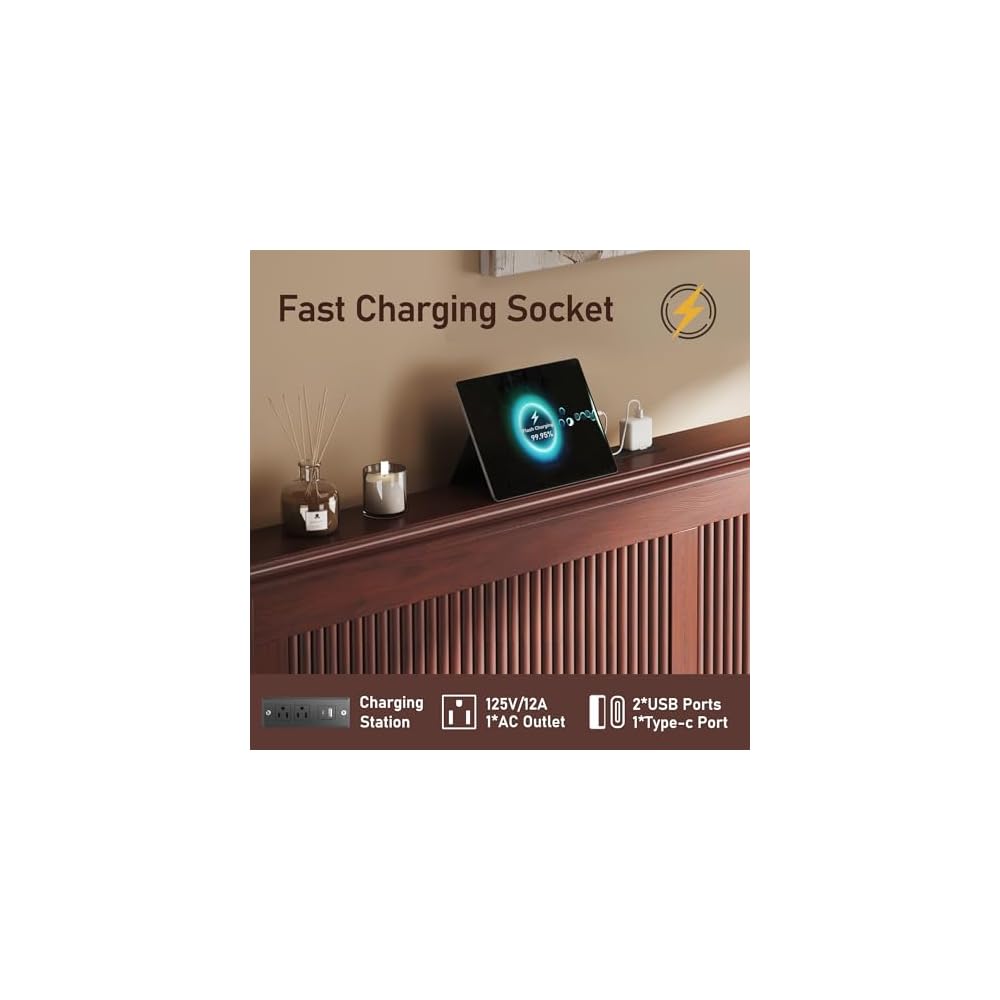 King Bed Frame with Headboard, Solid Wood Bed Frame King Size with Charging Station & RGB LED, Wood Slats Support, Noise-Free, Sturdy Structure, Easy Assembly, Mahogany
