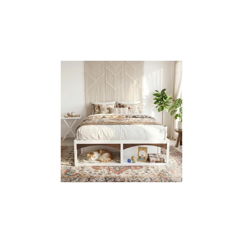 Pet-Friendly Platform Bed Frame, No Headboard Platform Bed, with Storage Drawers, Pet-Friendly Design, King Size, White