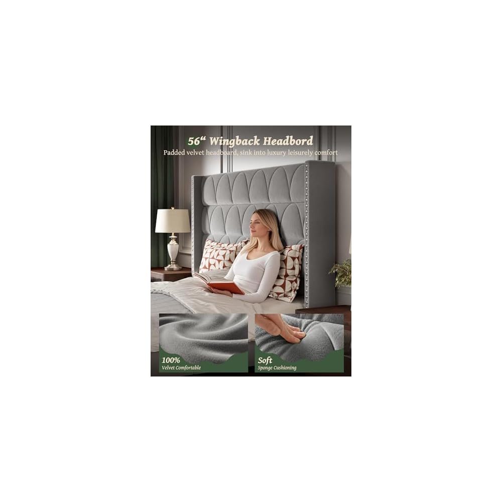 King Size Bed Frame with 56" Headboard - Velvet Upholstered Wingback Platform Bed Frame, Noise Free, Sturdy Wooden Slat Support (Deep Gray, King)