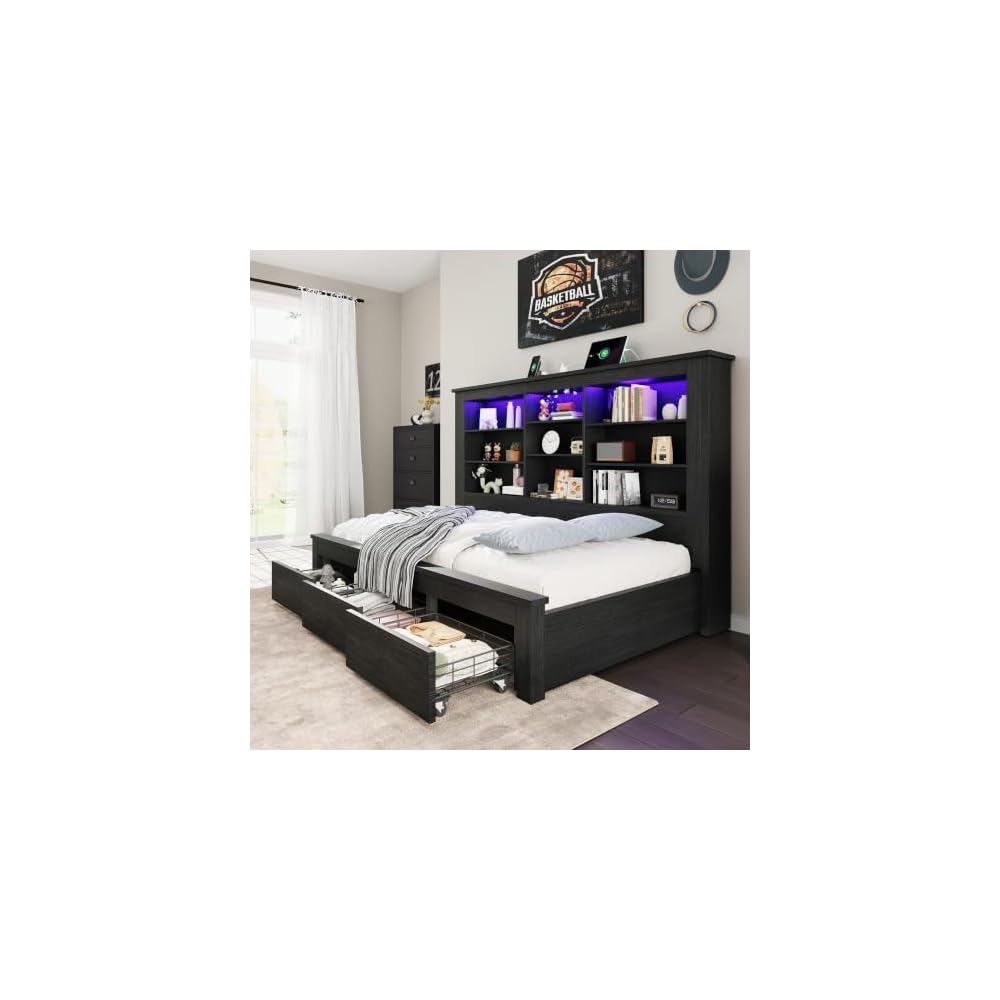 Twin Bed Frame Bookcase Headboard USB/LED Lights&3 Drawers, Black