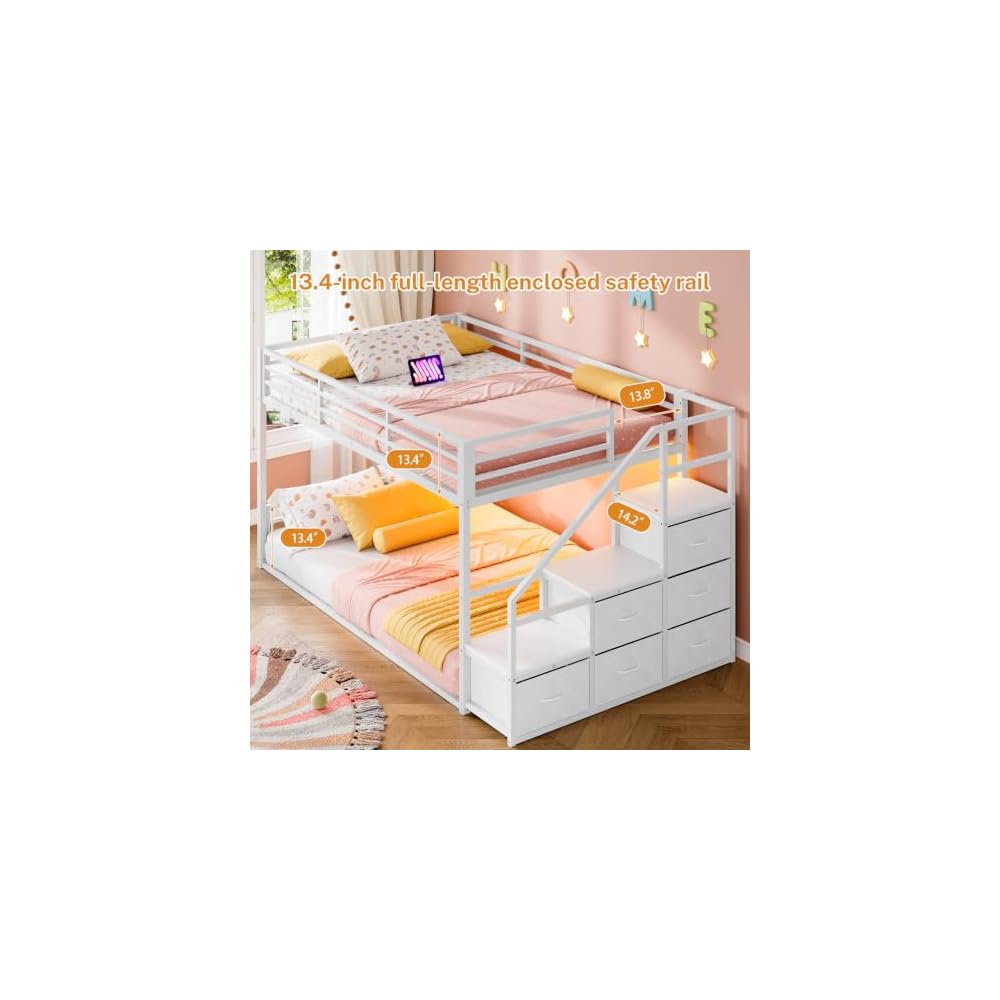 Bunk Bed Twin Over Twin with Storage Stairs, Metal Bunk Beds for Kids