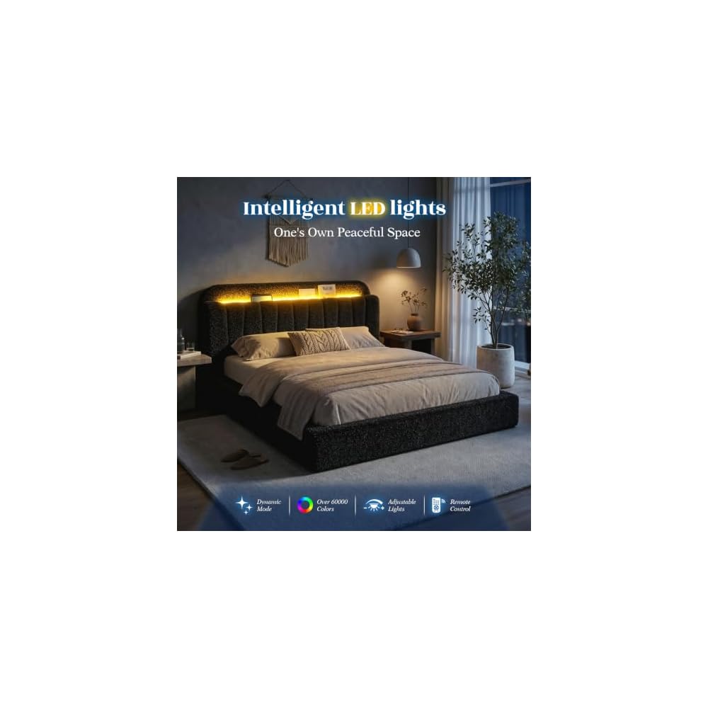 Cloud Bed Frame Queen with Storage Headboard & LED Lights, Black