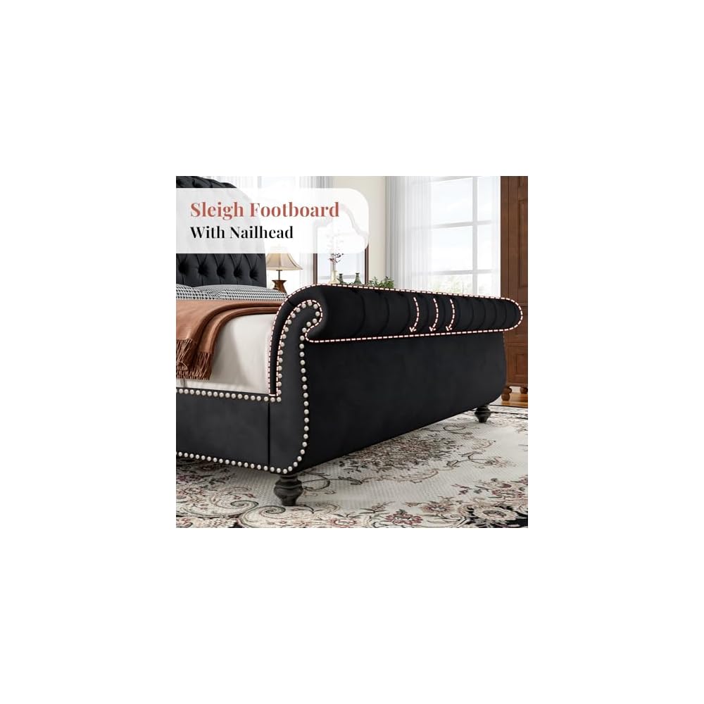 Queen Upholstered Bed Frame Sleigh Headboard & Footboard,Black