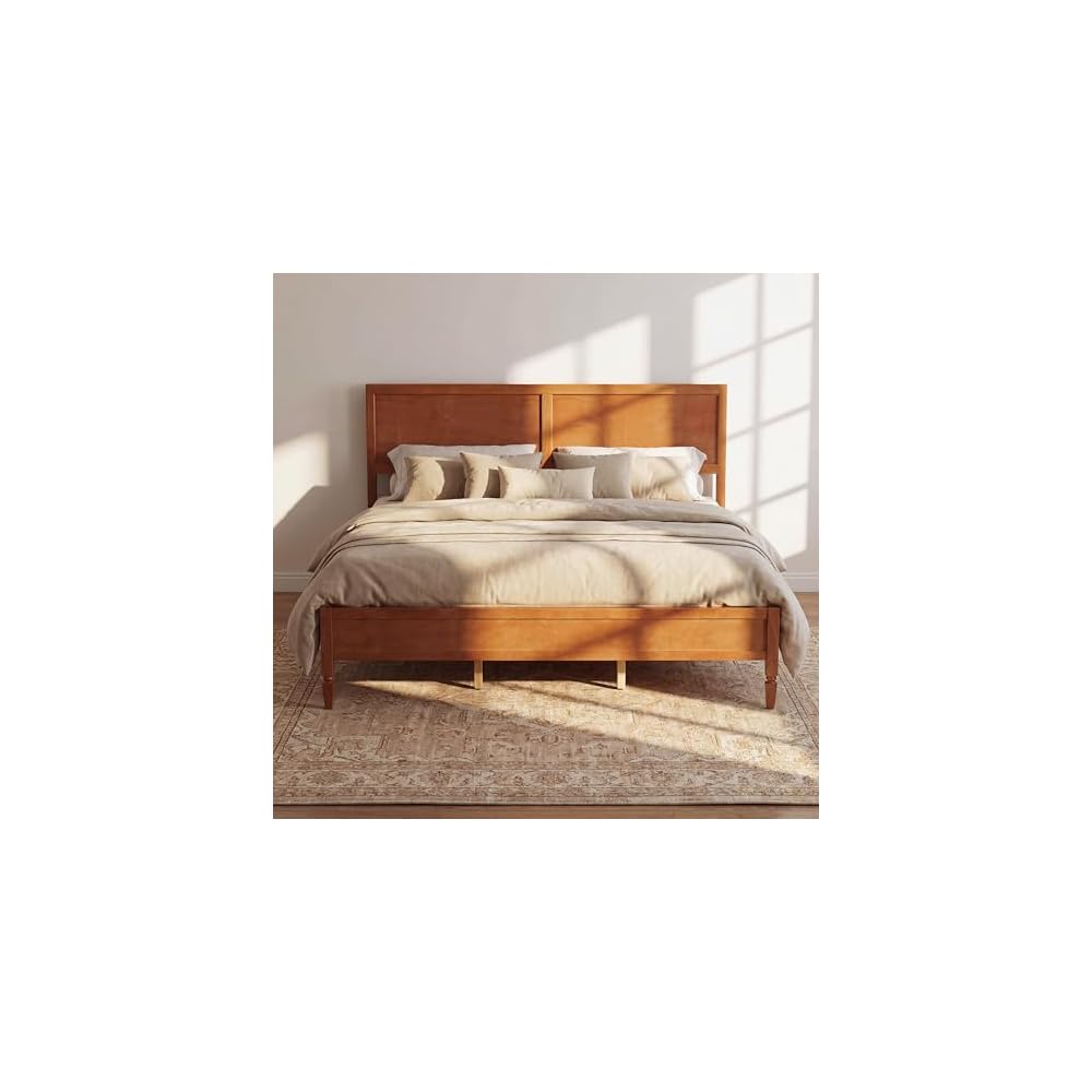 King Size Wood Platform Bed Frame,Bed with Classic Panel Headboard, Wooden Slats Support, No Box Spring Needed, Easy Assembly, Brown