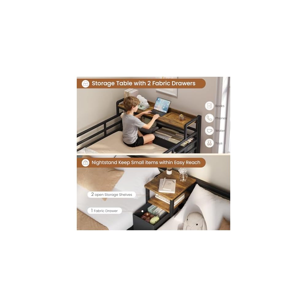 Triple Bunk Bed for Kids with Storage Drawers and Charging Station Twin Over Twin Metal Bunk Bed with Storage Shelves and Box,3 Beds with Guardrails and Ladder, No Box Spring Needed, Black