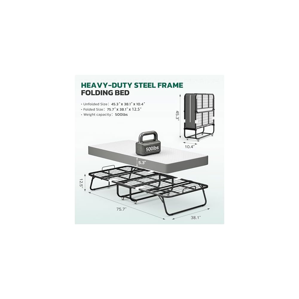 Folding Bed with 5 Inch Mattress, 75” x 38” Portable Rollaway Bed with Memory Mattress and Metal Frame for Adults,Guest, Twin Size,Cot Size