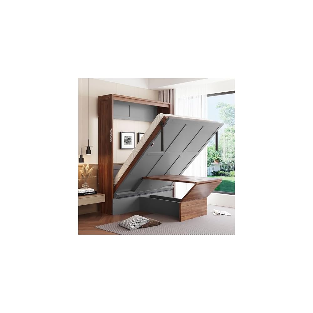 Full Size Murphy Bed Wall Beds with Foldable Desk and Hardware Chain,Cabinets Bed w/Metal Leg & Slat Support,Space Saving Bedroom Furniture for Small Space Apartment,Walnut & Gray