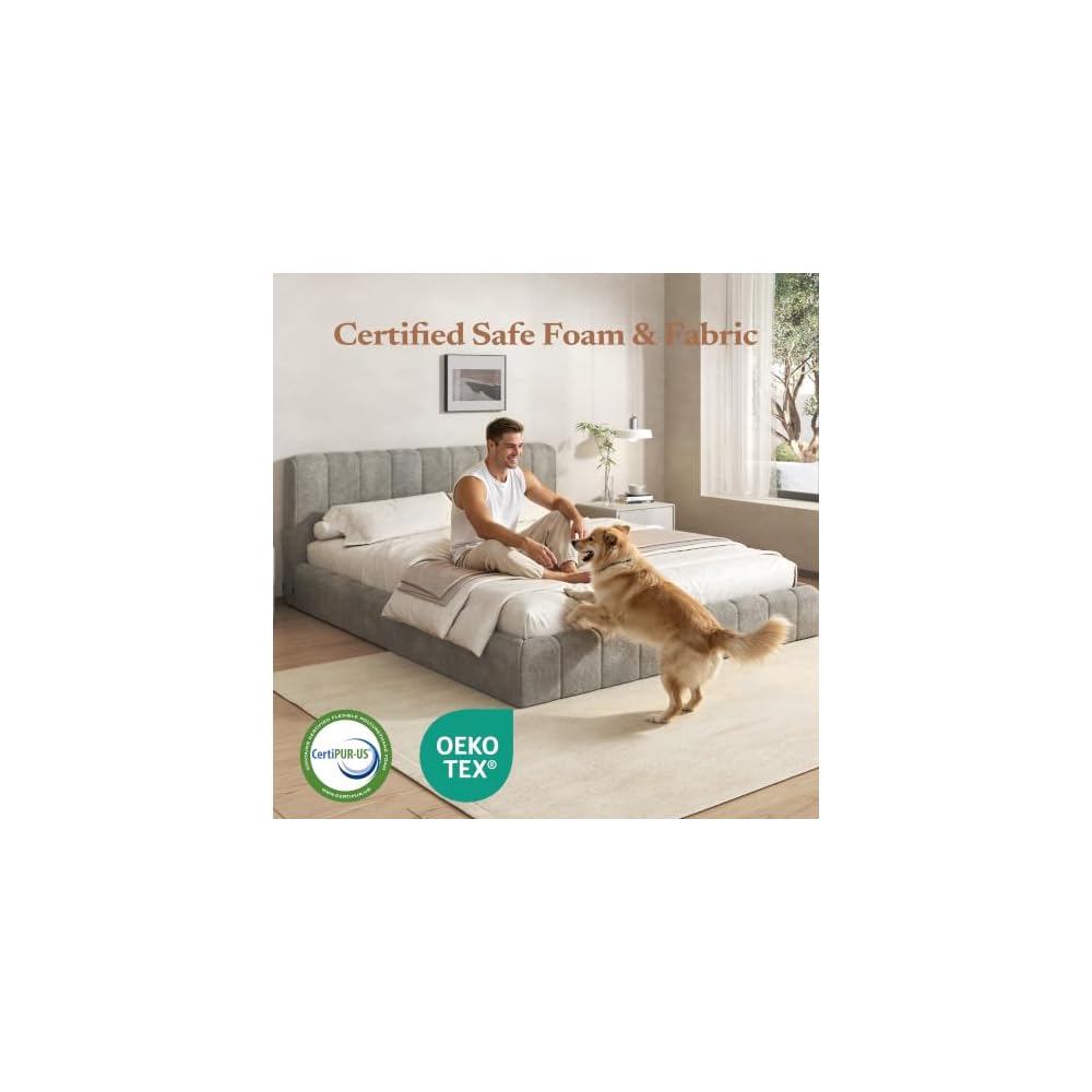 Full Cloud Bed Frame, Boneless Cushioned Foam Bed with Plush Fabric