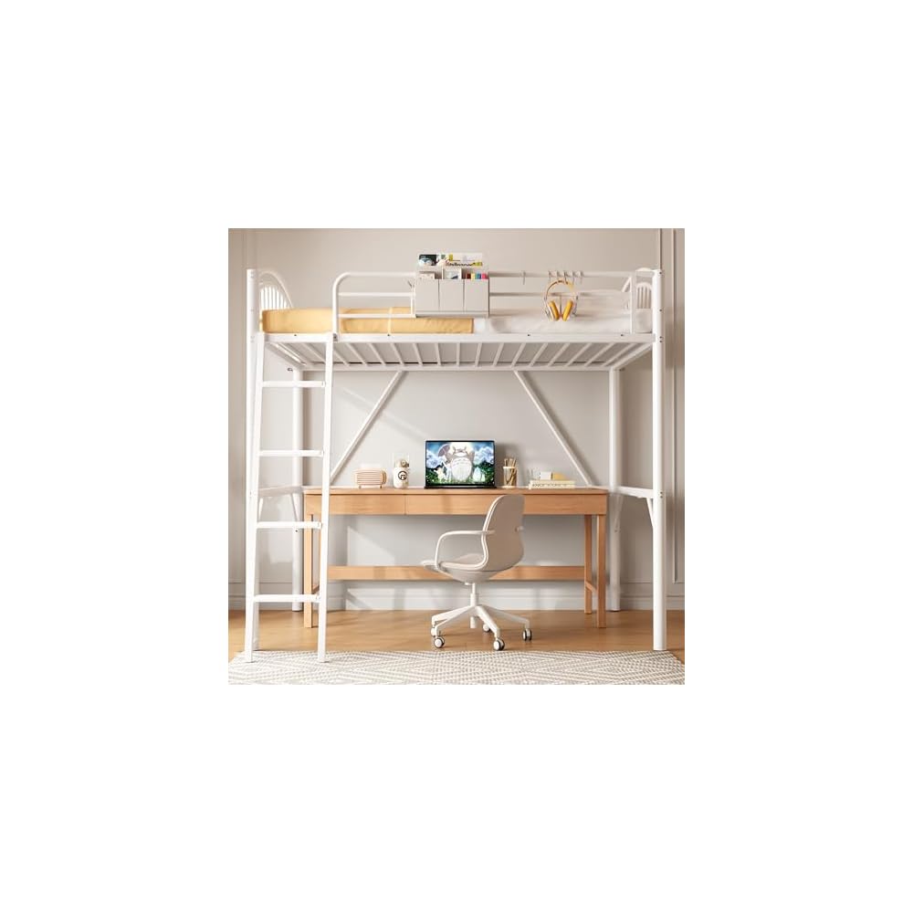 Loft Bed White Twin with Storage Bag, Metal Twin Size Loft Beds for Kids with Convertible Ladder, Safety Guard Rails and Anti-tip Nails for Teenager，Girls or Boys (White)