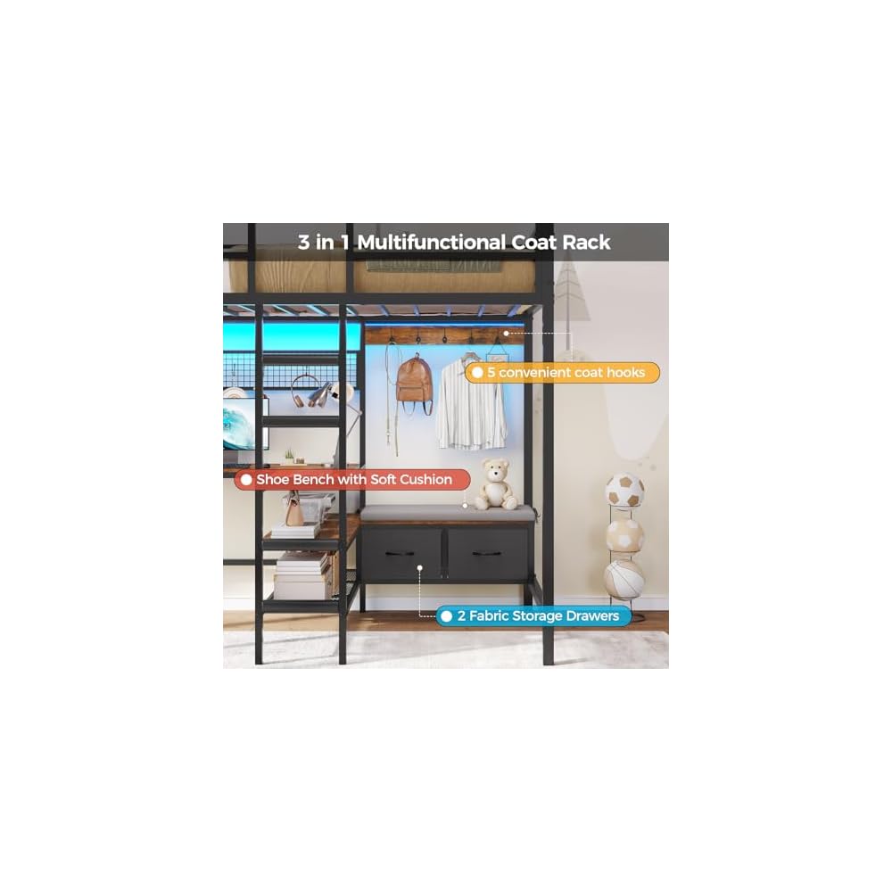 Twin Loft Bed with L-Shaped Desk,Storage Shelves and Charging Station Metal Loft Bed Twin Size with LED Lights,Coat Rack with Drawers and Stair,Top Bunk with Safety Guardrail for Teen,Black