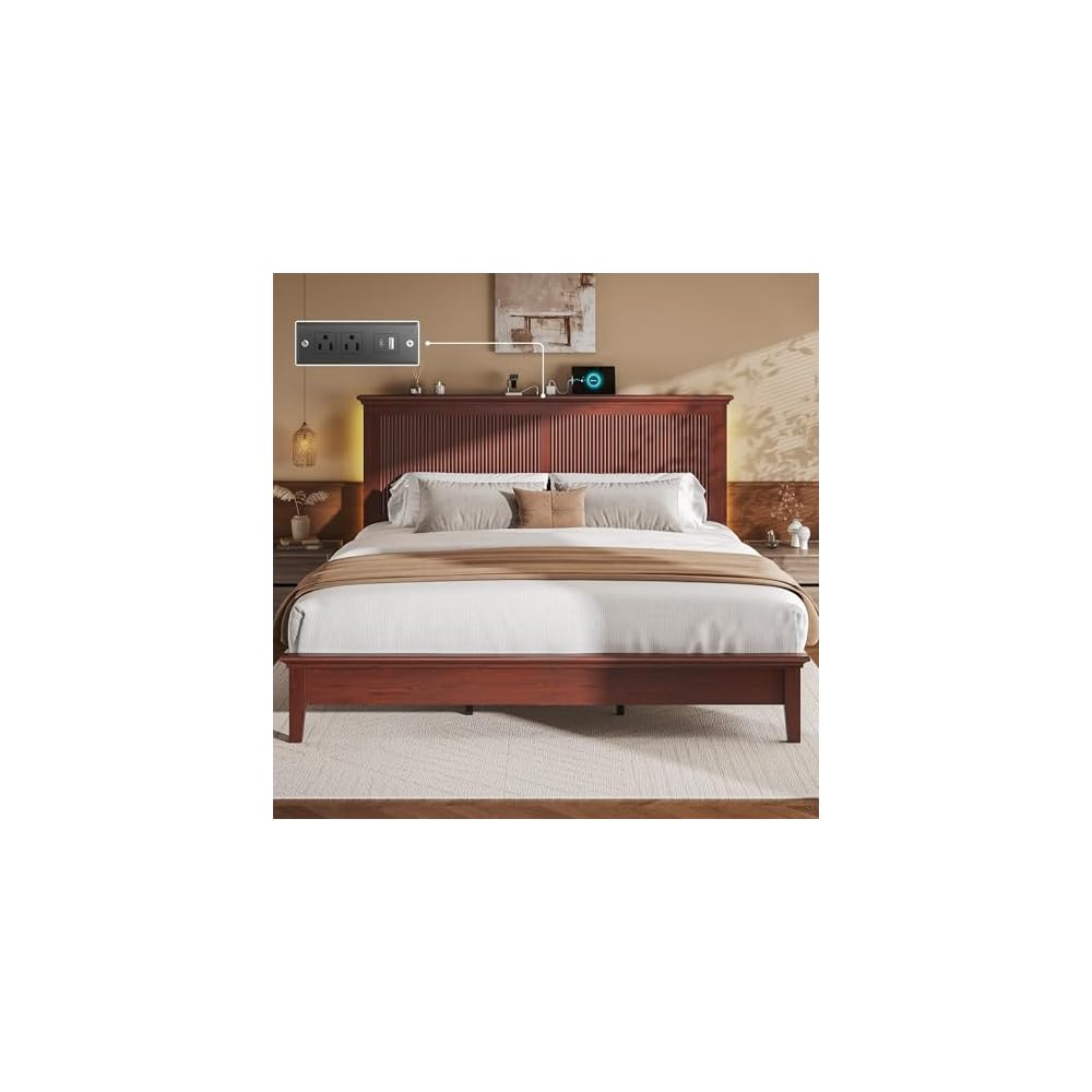 King Bed Frame with Headboard, Solid Wood Bed Frame King Size with Charging Station & RGB LED, Wood Slats Support, Noise-Free, Sturdy Structure, Easy Assembly, Mahogany