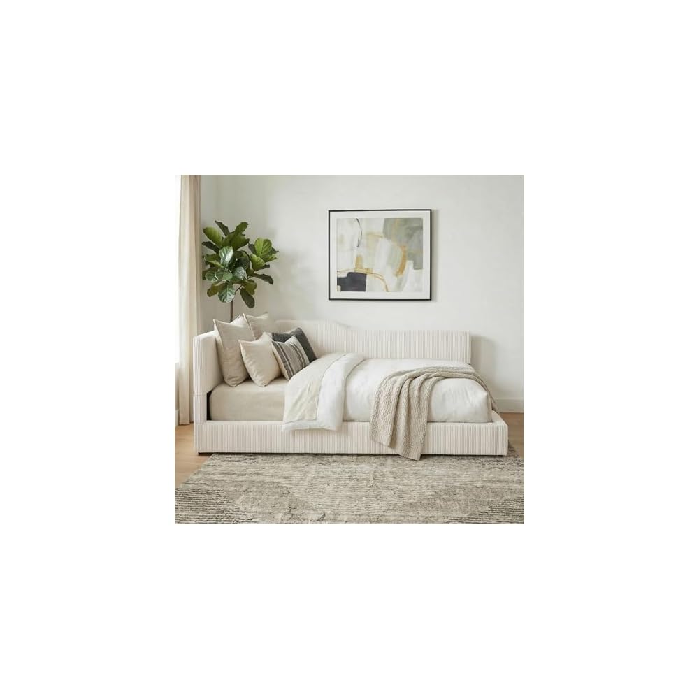 Full Size Upholstered Daybed with Headboard, Beige