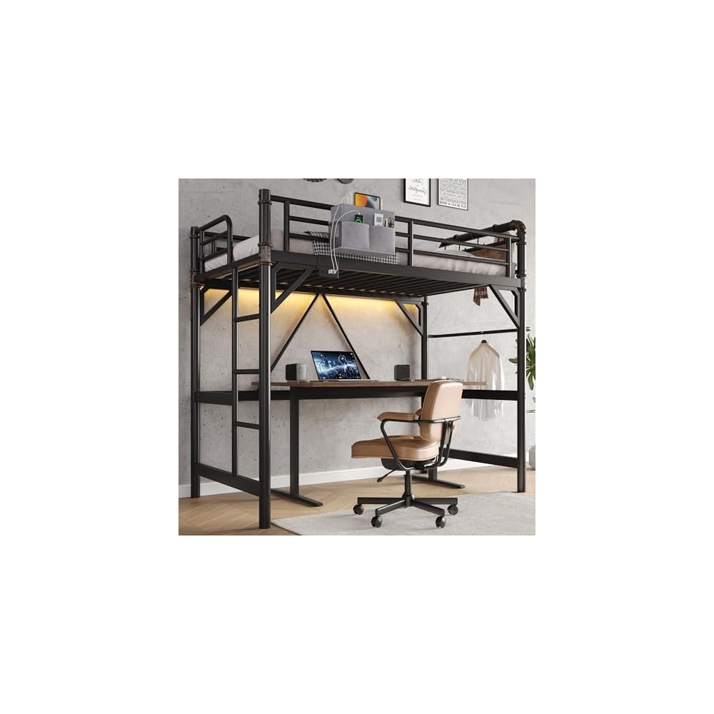 Twin Size Loft Bed with LED Lights and Charging Station, Industrial Heavy Duty Metal Loft Bed Frame with Ladder and Guardrail for Kids Adults, Small Space Saving Design for Bedroom Dorm, Vintage Brown