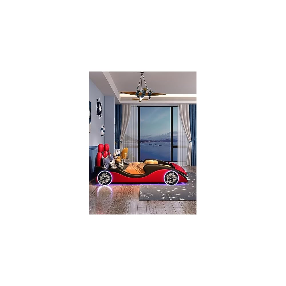 Bed, Sports car Design, Artificial Leather Material, Soft Bed Frame, with Storage Box, can be Separately Equipped with Queen Standard Mattress (red)