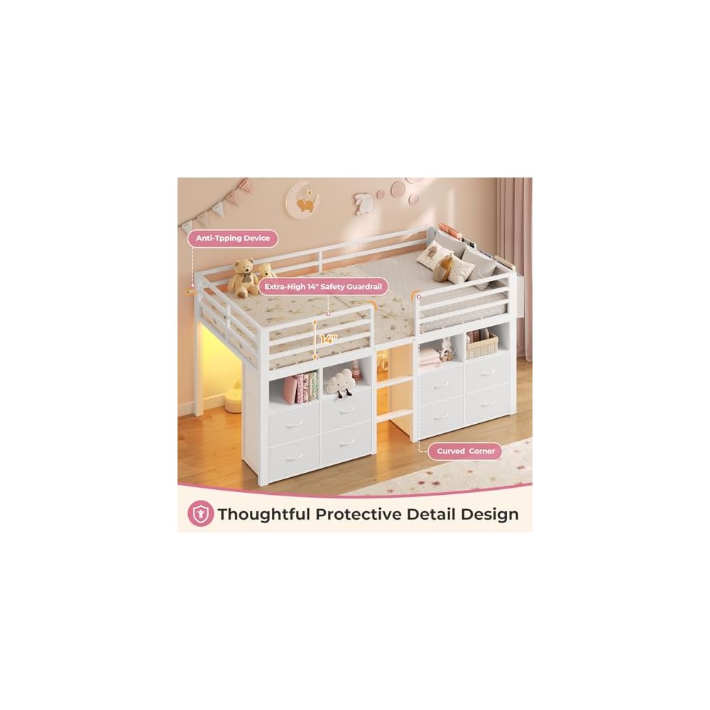 Low Loft Bed Twin Size with 8 Storage Drawers for Kids, White