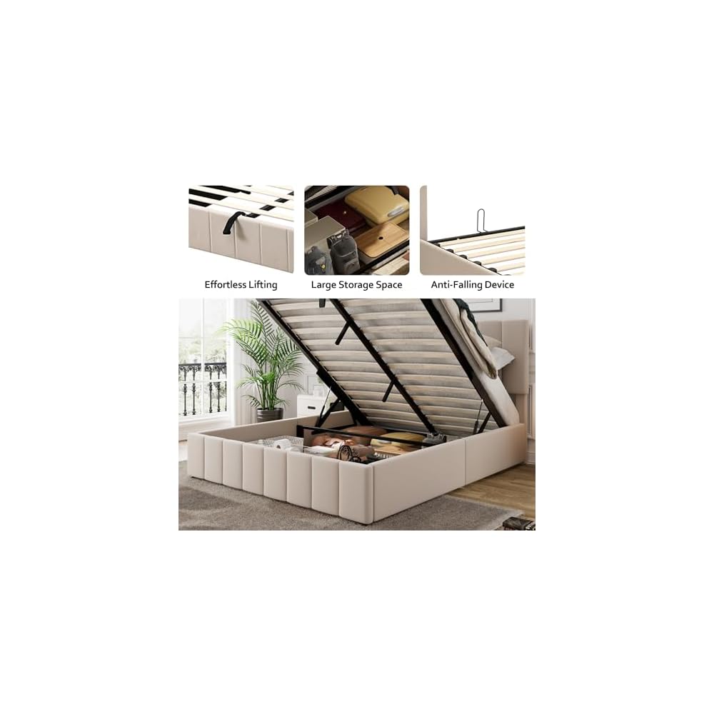 Gas Lift Up Storage Platform Bed, Upholstered Bed Frame with Hydraulic Storage System and Wooden Slat Support, Queen Size, Beige