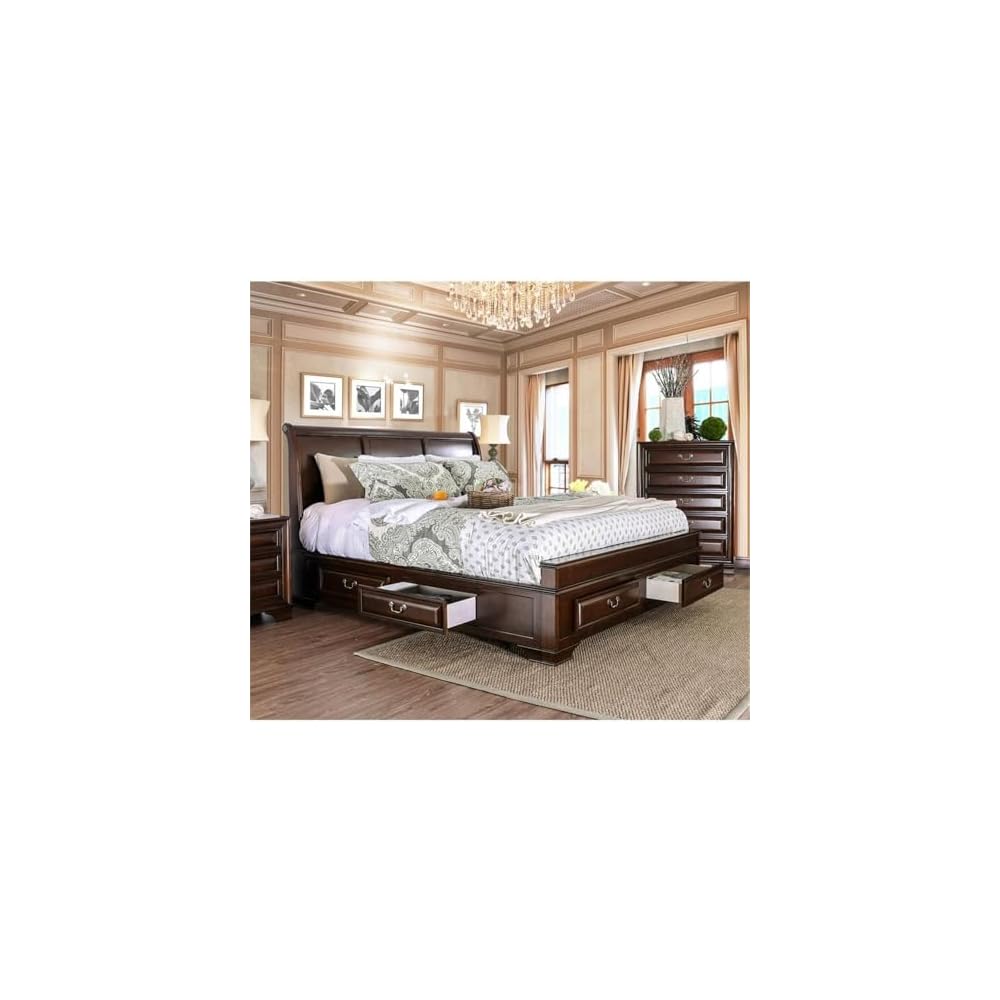 Transitional Wood Queen Storage Platform Bed, Brown Cherry Finish, 91.75" L x 64.75" W x 54" H, 6 Drawers, Arched Panel Headboard, Solid Wood Frame, Durable MDF Slats, Bedroom Furniture