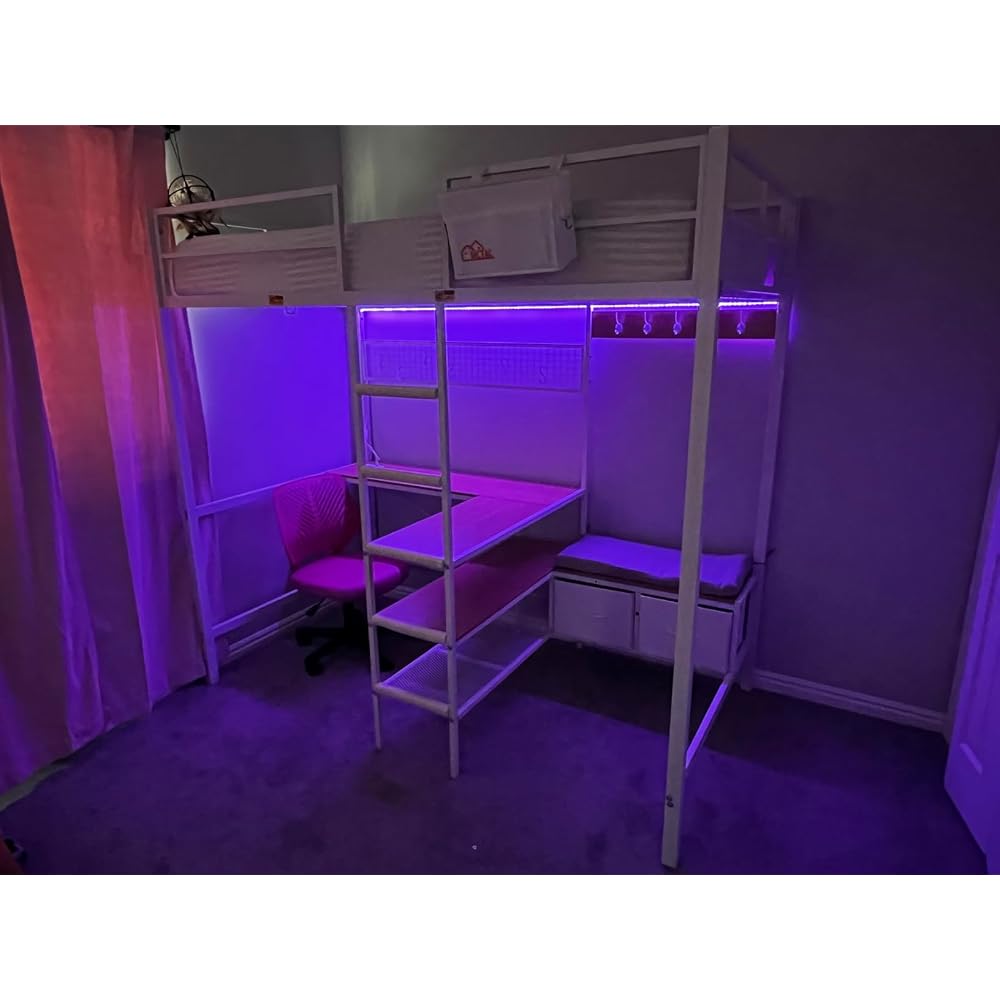Twin Loft Bed with L-Shaped Desk,Storage Shelves and Charging Station Metal Loft Bed Twin Size with LED Lights,Coat Rack with Drawers and Stair,Top Bunk with Safety Guardrail for Teen,Black